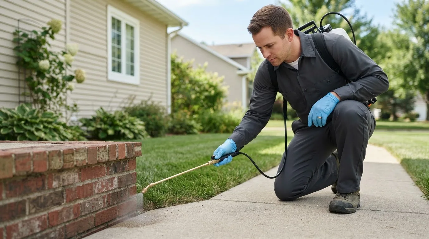 Pest control technician treating a home near Cedar Valley, UT
